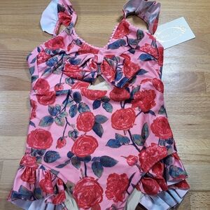 Nwt Girls Size 2/2T Joyfolie Pink Floral Kids Swimsuit One Piece Roses